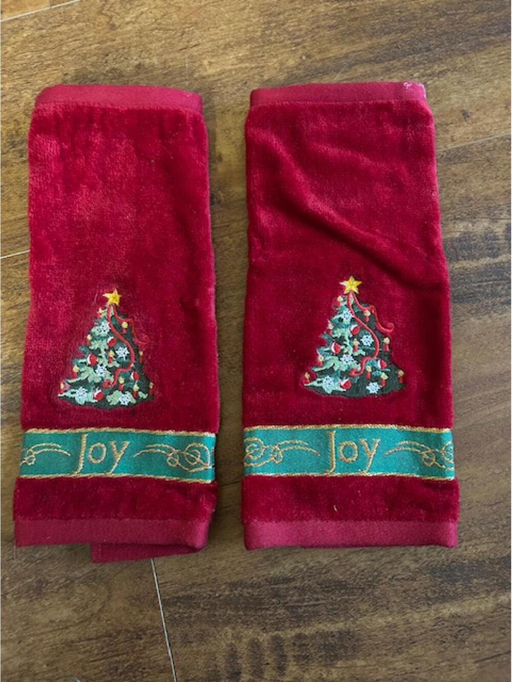 Pair of Red Christmas Themed Kitchen Towels with Tree and Joy Embroidery
